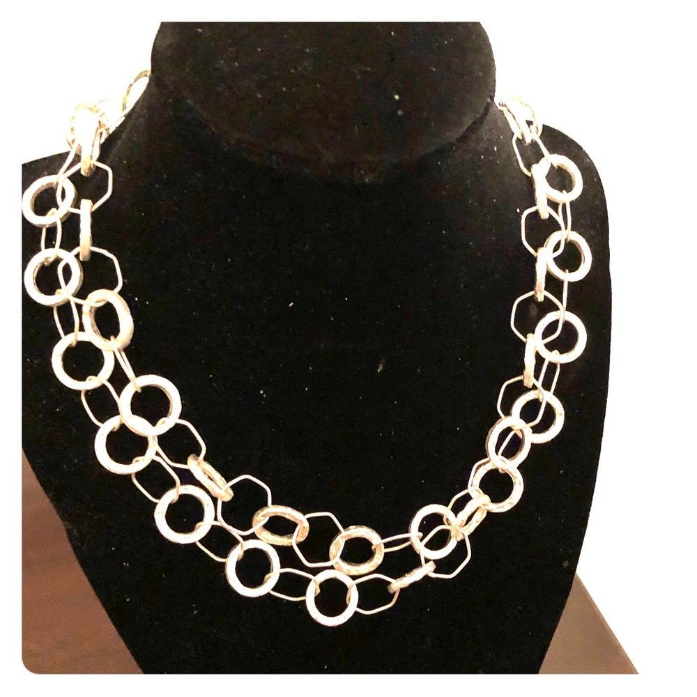 Double strand silver tone necklace circle design